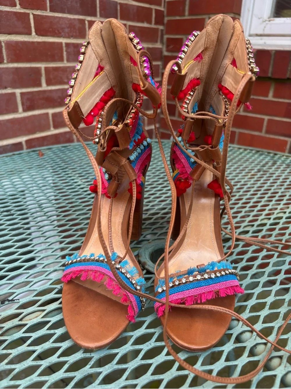 Schutz Calla Block Heeled Leather Sandals Lace-Up Multi-Color women 8.5
